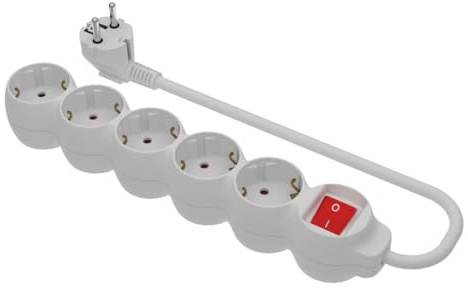 SIMON - Base Múltiple, Regleta de Enchufe Plano, 5 Tomas de 16A, Ladrón de Enchufes con Toma de Tierra e Interruptor ON/OFF, Cable de 1,5 Metros, Color Blanco