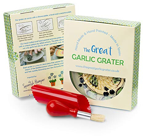 Garlic Grater Plate Set with Brush and Peeler.(#Ref 1). Handmade and Hand Painted in Cordoba, Spain. Yellow with Green Rim. Olive and Flower Pattern.