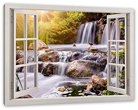 Pixxprint Wasserfall, Fenster, Größe: 120x80cm, Leinwandbild, fertig gespannt, Wandbild, Dekoration, Kunstdruck, kein Poster