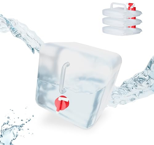 Relaxdays Faltkanister 4er Set, 10 l, Hahn, Schraubdeckel, Tragegriff, Wasserkanister Camping, BPA-frei, transparent/rot