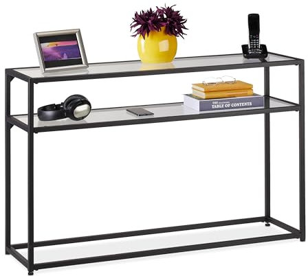 Relaxdays Konsolentisch, 2 Ablagen, schmaler Eingangstisch, Flur & Wohnzimmer, Metall, Glas, HBT: 70x110x30 cm, schwarz