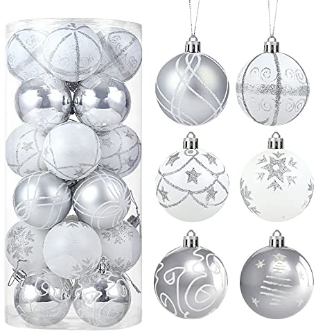 LIHAO Lot de 24pcs Boules de Noël, Décoration pour Sapin de Noël Balles Pendentif pour Fête Anniversaire - Argent et Blanc, 6cm de Diamètre
