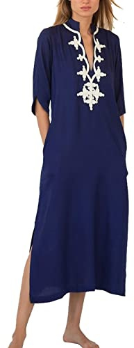 YouKD Kaftan Largo Bordado de Verano Kimono Bohemio Cubrebañador de Playa Vestido Maxi para Mujeres