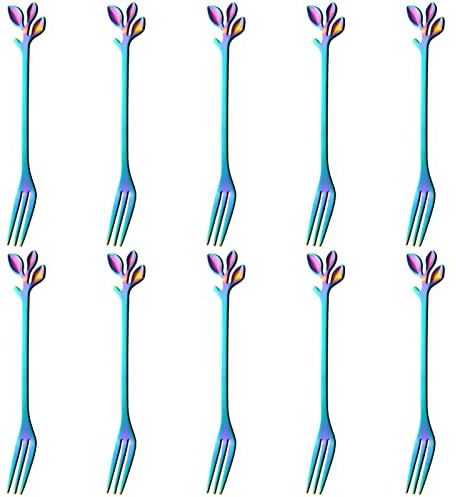 AnSaw Lot de 10 petites fourchettes de 11,9 cm avec manche en feuille (arc-en-ciel)