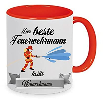Crealuxe Kaffeetasse - Der Beste Feuerwehrmann heißt (Wunschname) - Spruchtasse, Bürotasse, bedruckte Keramiktasse, Tasse mit Spruch, Hochwertige Kaffeetasse, Tasse personalisiert (Rot)