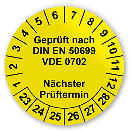 Prüfplaketten VDE Elektroprüfung Aufkleber - Geprüft nach DIN EN 50699 VDE 0702-216 Aufkleber auf 9 Bögen in Gelb - Etiketten sind Selbstklebend - hin784