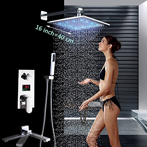 Chrome LED Rainfall Shower Faucet Chrome Digital Temperature Screen Bath Shower Mixer With Handshower Swivel Folding Spout,16 Inch Shower Head