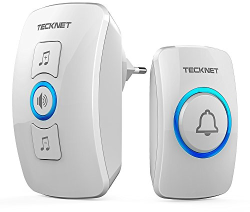 TECKNET Timbre Inalámbrico Exterior IP65 Impermeable, Kit de Timbre con 400m de Alcance, 60 Melodías, 5 Niveles de Volumen, Luz LED Intermitente, 1 Receptor y 1 Transmisor, Blanco