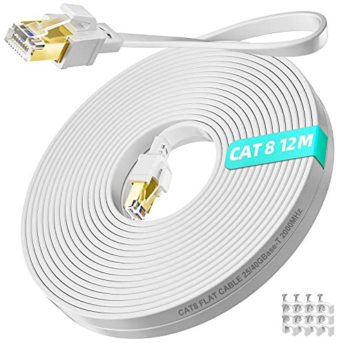 Cable Ethernet 12 metros, Cat 8 Cable de Red 12m Alta Velocidad 40Gbps 2000MHz, Plano RJ45 Cable LAN Gigabit Blindado Blanco Internet Cable de Conexión con 12 clips - para Router, Modem, Switch, PS4/5