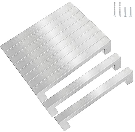 KEWUZY Tiradores para muebles, 10 unidades, color negro, distancia entre orificios de 128 mm, tiradores de cocina, pomos cuadrados de cocina (plata, 128 mm)