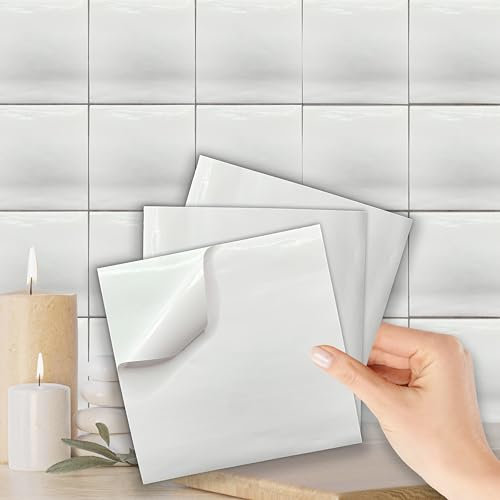 WALPLUS Klebefliesen Küche 15x15cm Fliesen Selbstklebend Fliesenfolie Küche Abnehmbare Fliesenaufkleber Bad Starke Haftung Klebe Fliesen Weiße Küchenfliesen Überkleben 50 Stück