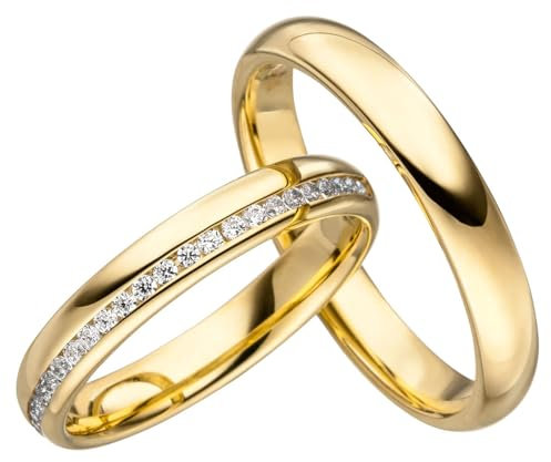 JC Trauringe Silber 925 Paarpreis Eheringe Gold Plattiert I Verlobungsringe 3,5 mm breit I Partnerringe mit Gravur in edler Schatulle I 2 Hochzeitsringe Herrenring ohne & Damenring mit Steinen I JC005