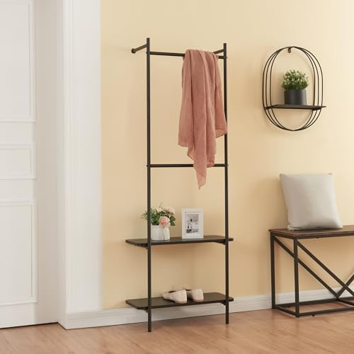[en.casa] Garderobenständer Bremanger Wandgarderobe mit 2 Ablagen Metallgarderobe mit 2 Kleiderstangen Regal Kleiderständer aus Stahl 162x60x26cm Schwarz