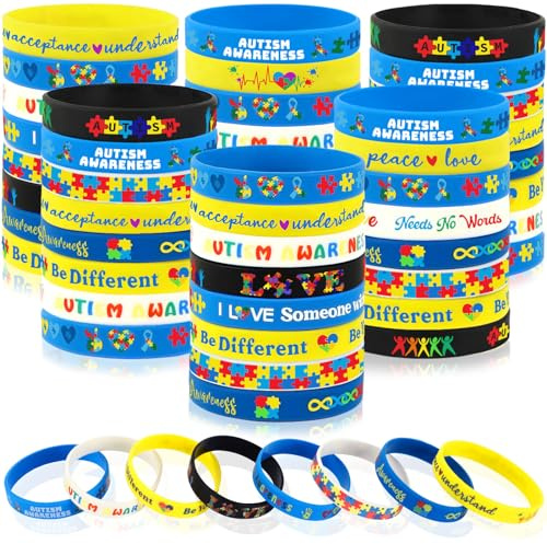 JUNEBRUSHS 64pcs Autism Awareness Wristband Silicone Bracelets Bulk | Puzzle Inspirational Rubber Bracelet, for Autism Awareness Decoration Party Favor, Gift Supplies, for Kids and Adult