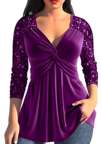 Maglia da donna con paillettes in tinta unita, con paillettes, vita patchwork, pieghettato, scollo a V, orlo ad A, glitter top donna a maniche lunghe, argento, Lilla, XXXL