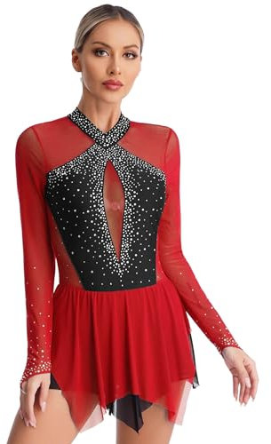 CHICTRY Kürkleider Eiskunstlauf Damen Rollkunstlauf Kleid Strass Glitzer Tanzkleid Langarm Ballettkleid Showtanz Kostüm Burgundy XXL
