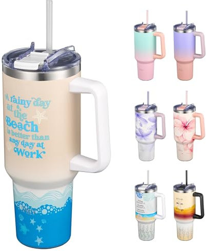 THILY Edelstahl-Isolierbecher 1180ml mit Griff – Vakuumisolierter Reisebecher, Dichtschließender Deckel, 34h Kalt & 12h Warm, Spülmaschinenfest, Inkl. 2 Strohhalmen + Bürste, Strandflair