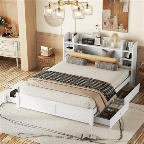 Vielseitiges Flachbett Mit Stauraumschubladen Und Kopfteil, Erwachsenenbett Aus MDF Und Kiefernholzrahmen, Geeignet Für Apartment-Schlafzimmer Und Gästezimmer(Size:180x200cm)
