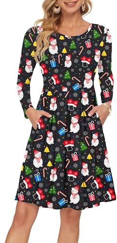 AUSELILY Women's Long Sleeve Dress Knee-Length | Winter Dress for Women uk, Round Neck,Flattering Pleated Swing Hem,Casual Dress with Pockets,daily wear,Polyester+Spandex