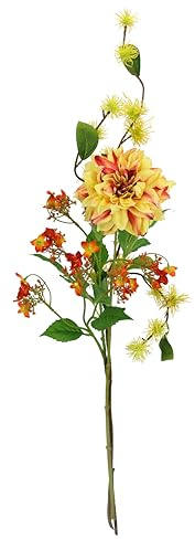 Kunstblumen 3er Set 62cm Dahlien-Zweig Blütenzweig Zaubernuss-Zweig Seidenblumen Stielblumen-Sortiment Einzelblume Einzelzweig Herbstzweig Herbstliche Blumen Herbst-Deko Herbstblume, gelb