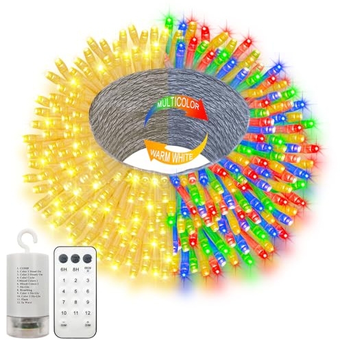 Stringa di 20 m di luci cangianti di colore con telecomando, funzionamento a batteria, 200 luci LED con timer, impermeabili, per esterni, giardino, feste, alberi di Natale, camera da letto (bianco