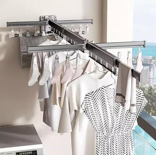 Wäscheständer Wandmontage, 124cm Wäschetrockner Ausziehbar Aluminium, Wandtrockner mit 20 Clip, platzsparender Trockenständer für Waschraum, Kleiderständer klappbar für Balkon, Badezimmer, Terrasse