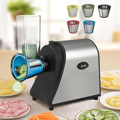 Electric Grater - Shred Hard Cheese, Chocolate, Nuts In Seconds - Professional Vegetable Cutter, For Quick Food Prep - 5 Stainless Steel Blades - Easy Kitchen Tool