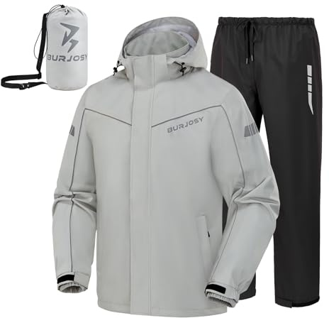 Burjosy Tuta Antipioggia Impermeabile per uomo, Set di Giacca e Pantaloni da Pioggia Ripiegabile, Impermeabile Riflettente con Cappuccio Antivento per Attività All'aperto