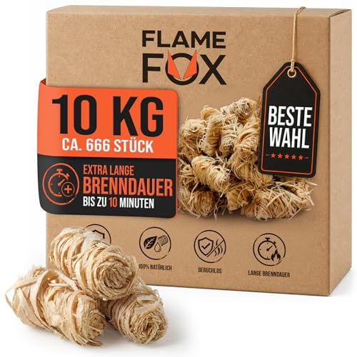 Flame Fox Anzündwolle XXL 10kg aus Öko-Holzwolle & Wachs I Kaminanzünder & Grillanzünder für Kamin, Ofen & Feuerschale I Natürlich, zuverlässig, Lange Brenndauer - 3kg, 5kg oder 10kg Karton