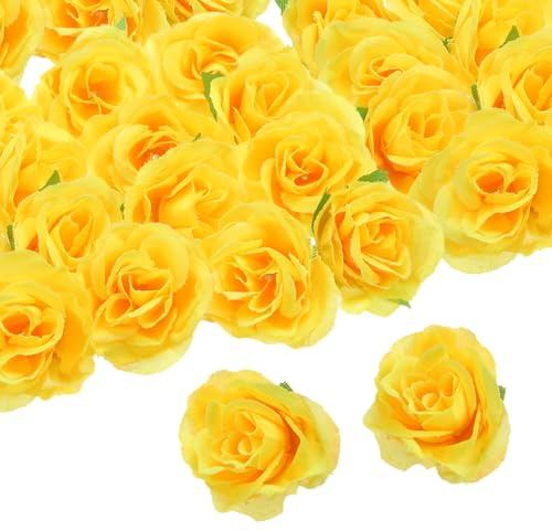 QUARKZMAN 100pz Teste Fiori Rosa Artificiali, 1.2 Teste Rose Finte Seta Mini Fiori Rosa Artificiali Rinfusa per Bouquet Sposa Centrotavola Decorazioni Casa, Giallo