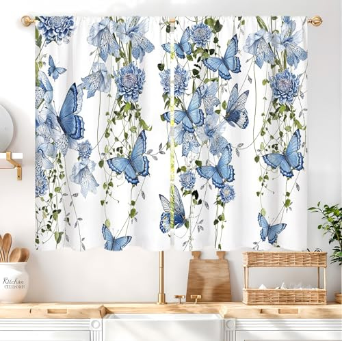 Famiffty Floral Butterfly Kitchen Curtains Rod Pocket Blue Flower Spring Summer Leaves Small Short Cafe Curtain Girls Wildflower Vines Lavender Window Treatment Drapes (27.5W X 39L Inch 2 Panels)
