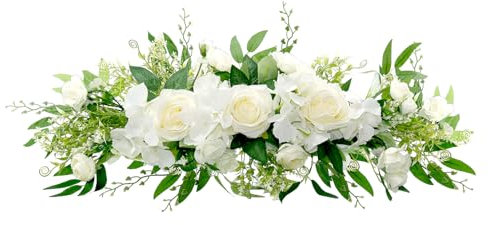 canddy 2Pcs Arch Flowers, Artificial White Rose Decorative Floral Swags, Greenery Arbor Floral Arrangement, Wedding Arch Flower Swag for Sheer Drapes Door Wedding Party Wall Ceremony Decor (White)