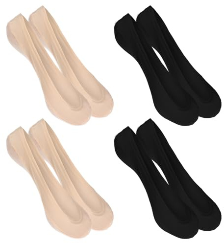 Ptwola 4 Pairs Women No Show Socks Non Slip Ultra Low Cut Liner Socks Invisible Hidden Boat Footies Summer Lightweight Thin Foot Sleeve for Flats Business Casual Shoes (Black + Skin)