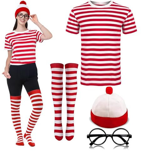 The Fancy Dress® Unisex Mens Red and White Striped T-Shirt Hat Glasses Set, Adult Kids World Book Day Costumes Fancy Dress up Outfit, (Women-Medium)