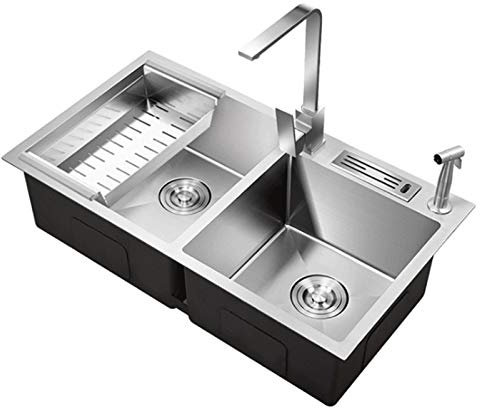 asdchZen Fregadero de un Seno con Borde automático, Acero Inoxidable Cepillado, Fregadero de Cocina de Dos Senos, Fregadero con escurridor Reversible Empotrado