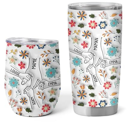 Cadeau Plus Mug Isotherme Personnalisable Prénom - Maman/Mamie Tenant Les Mains Avec Fleurs Pastels - Mug Thermos Personnalisé, Thermos Personnalisable, Tasse A Cafe Isotherme (Modèle #1)