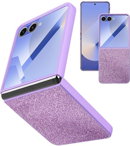 NINKI Samsung Galaxy Z Flip 7 fodral med yttre skärmskydd, ultratunt glänsande vikbart damfodral söt anti-stöt anti-repor lager för Galaxy Z flip 7 skal lila