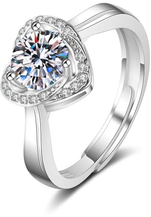 KnSam 18 Karat Weißgold Au750 Solitärring, Freundschaftsringe Herz mit Moissanit, 18K Gold Partnerringe Echt-Gold, Silber, 65 (20.7)
