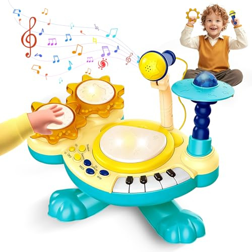 Batteria Bambini 3 Anni, Tamburo con Battito di Mani con Musica, Luci, Microfono e Tasti di Pianoforte, Educazione Precoce Batteria Strumenti Musicali Bambini Giocattolo Natale Regalo (Blu)