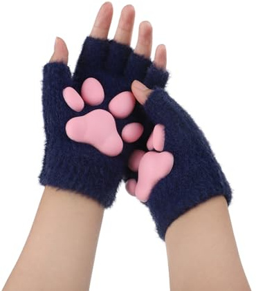 JIAHG Mitaines d'Hiver Femme en Peluche avec 3D Pattes de Chat Mignon Gants de Griffes de Chat Doux et Thermique Gants Demi Doigts à Ecran Tactile Accessoires de Déguisement Noël Halloween Carnaval
