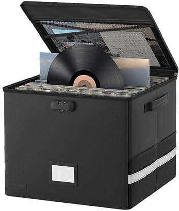 NCONCO Vinyl Record Storage Box, 16 Inch Lockable Protective Case 16 Inch Black Silicone-Coated Fiberglass LP and Record Storage Box for Music Album Collections Cassette Tapes and Media Organization