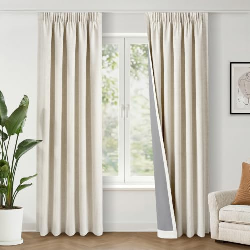 INOVADAY 100% Verdunklungsvorhänge Kräuselband 2 Stück 225x140cm,Creme | Gardinen mit Kräuselband Wohnzimmer für Schienensystem, Vorhang Blickdicht Leinenoptik, Thermovorhang Schlafzimmer, OEKO