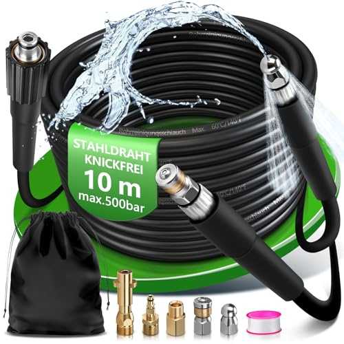 10m Rohrreinigungsschlauch 500 Bar für verstopfte Rohre und Abflüsse | Kompatibel mit Kränzle Kärcher K2 - K7 Easy!Lock TR22 HD/HDS Modellen mit TR22-Anschluss Rohrreinigungsset Hochdruckschlauch