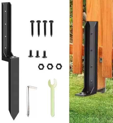 Fence Post Repair Kit Anchor with Spikes and Brackets, Heavy Duty Fence Post Anchor for Wooden Post, Repair Tilted, Fix Broken Wood Support, Steel Ground Spike Fencing Stakes (1)