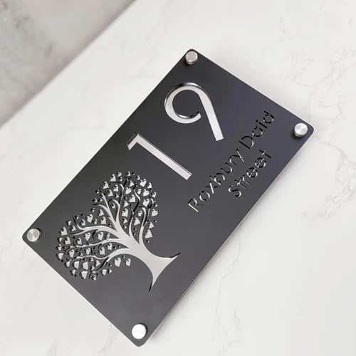 Numéro de maison personnalisé en acrylique découpé au laser, arbre de vie personnalisé, plaque d'adresse (noir argenté, 20 x 10 cm)