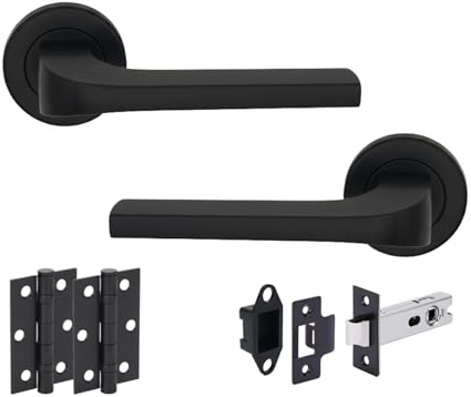 Hunta HANDLEZONE® Vento Matt Black Internal Door Handle Pack - Lever on Rose Set - 76mm Tubular Latch (57mm Backset) & 2 Ball Bearing Hinges - Passage for Internal Wooden Doors - 1 Pack
