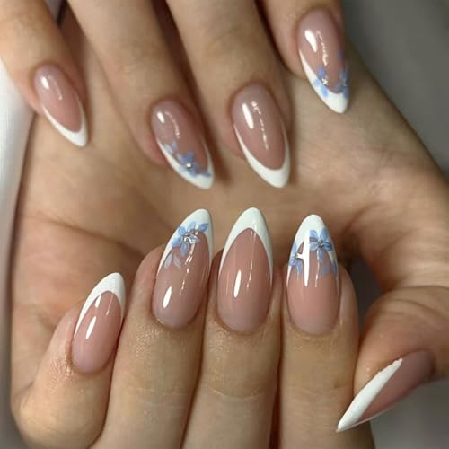 Velvoria 24-Teiliges Press On Nails Nagelspitzen-Set Mit MandelföRmigen, Nudefarbenen French-ManiküRe-Spitzen, Verziert Mit Zarten Blauen Blumenmustern，Hübsch