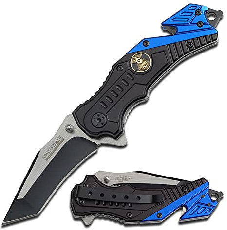 Tac-Force- Folding Pocket Knife – Black/Satin Blade, Black and Blue Aluminum Handle w/Police Medallion, Rope Cutter, and Pocket Clip, Tactical, EDC, Rescue - TF-640PD