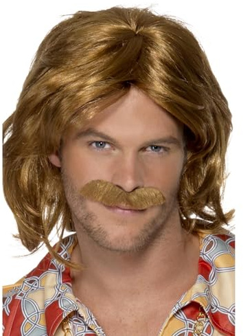 Smiffys herrar medellång och vågig peruk med mustasch, 70-tals supertrouper-peruk, brun, en storlek, 42005