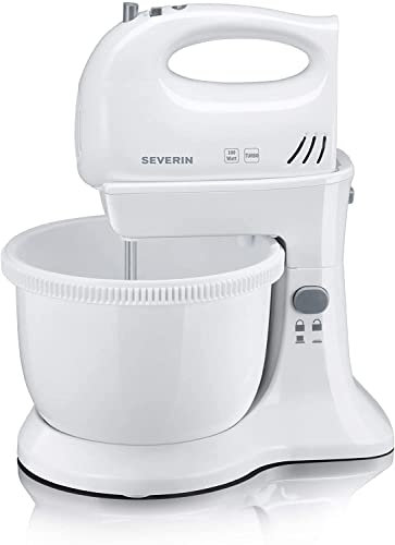 SEVERIN HM 3810 Sbattitore elettrico 300W da 3 litri con ciotola, Mixer cucina con fruste e ganci, Sbattitore elettrico con ciotola, 5 livelli di velocità e tasto Turbo, Bianco